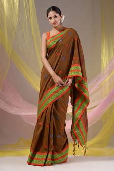 Brownish Yellow Cotton Handspun Soft Saree With Nakshi Border