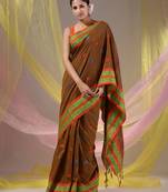 Brownish Yellow Cotton Handspun Soft Saree With Nakshi Border