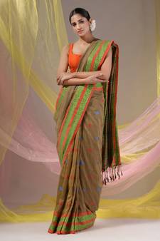 Beige Cotton Handspun Soft Saree With Nakshi Border