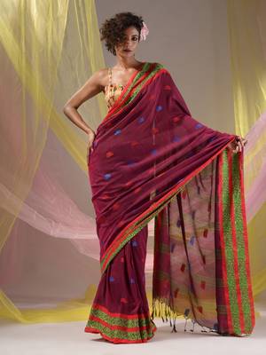 Magenta Cotton Handspun Soft Saree With Nakshi Border 1