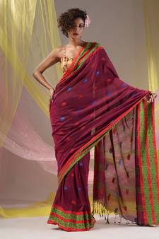 Magenta Cotton Handspun Soft Saree With Nakshi Border
