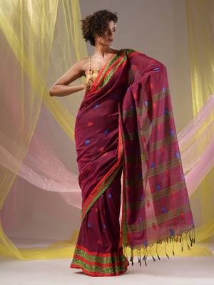 Magenta Cotton Handspun Soft Saree With Nakshi Border 2