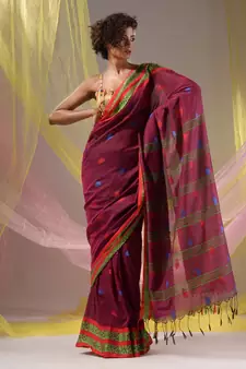 Magenta Cotton Handspun Soft Saree With Nakshi Border