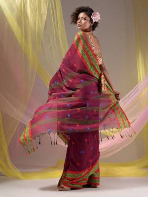 Magenta Cotton Handspun Soft Saree With Nakshi Border 3