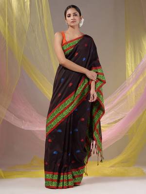 Dark Chocolate Cotton Handspun Soft Saree With Nakshi Border 1