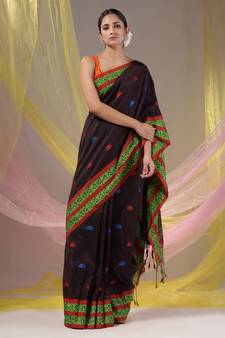 Dark Chocolate Cotton Handspun Soft Saree With Nakshi Border
