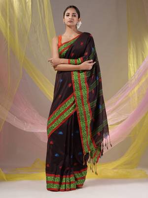 Dark Chocolate Cotton Handspun Soft Saree With Nakshi Border 2