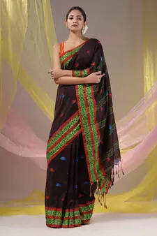 Dark Chocolate Cotton Handspun Soft Saree With Nakshi Border