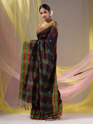 Dark Chocolate Cotton Handspun Soft Saree With Nakshi Border 3