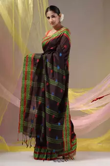 Dark Chocolate Cotton Handspun Soft Saree With Nakshi Border