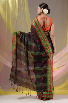 Dark Chocolate Cotton Handspun Soft Saree With Nakshi Border