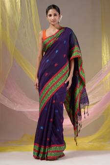 Purple Cotton Handspun Soft Saree With Nakshi Border