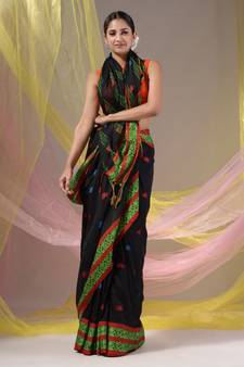 Black Cotton Handspun Soft Saree With Nakshi Border