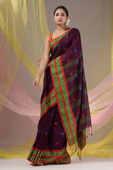 Magenta Cotton Handspun Soft Saree With Nakshi Border