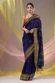 Royal Blue Cotton Handspun Soft Saree With Nakshi Border