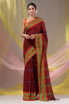 Brick Red Cotton Handspun Soft Saree With Nakshi Border