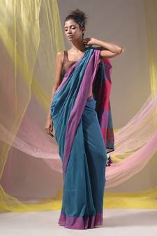 Olympic Blue Cotton Handspun Soft Saree With Pompom