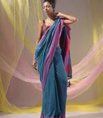Olympic Blue Cotton Handspun Soft Saree With Pompom