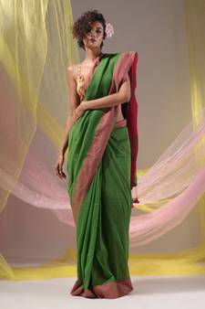 Green Cotton Handspun Soft Saree With Pompom