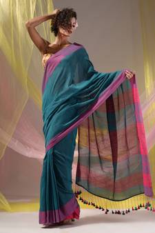 Teal Cotton Handspun Soft Saree With Pompom