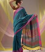Teal Cotton Handspun Soft Saree With Pompom
