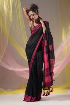 Black Cotton Handspun Soft Saree With Pompom