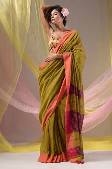 Mustard Cotton Handspun Soft Saree With Pompom