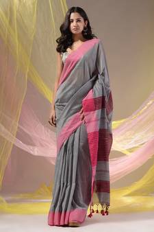 Grey Cotton Handspun Soft Saree With Pompom