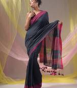 Charcoal Cotton Handspun Soft Saree With Pompom