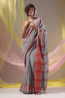 Grey Cotton Handspun Soft Saree With Geometric Border