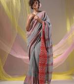 Grey Cotton Handspun Soft Saree With Geometric Border