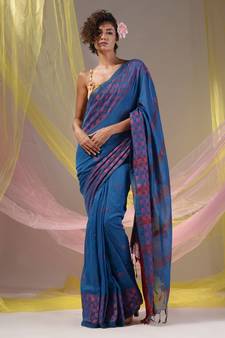 Cobalt Blue Cotton Handspun Soft Saree With Geometric Border