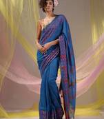 Cobalt Blue Cotton Handspun Soft Saree With Geometric Border