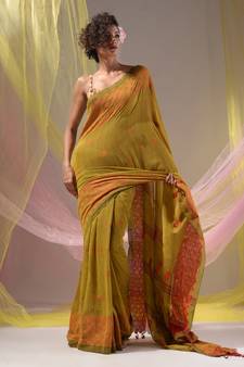 Mustard Cotton Handspun Soft Saree With Geometric Border