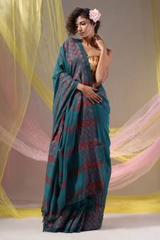 Teal Cotton Handspun Soft Saree With Geometric Border