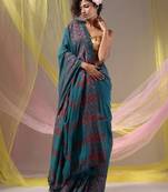 Teal Cotton Handspun Soft Saree With Geometric Border