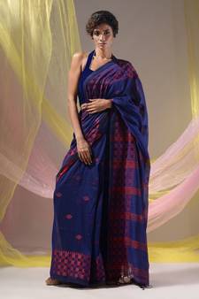 Indigo Cotton Handspun Soft Saree With Geometric Border