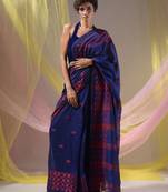 Indigo Cotton Handspun Soft Saree With Geometric Border