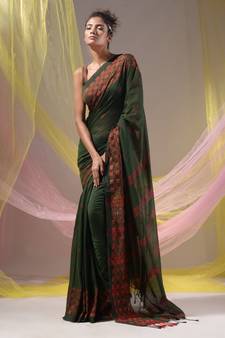 Forest Green Cotton Handspun Soft Saree With Geometric Border