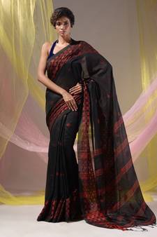 Black Cotton Handspun Soft Saree With Geometric Border