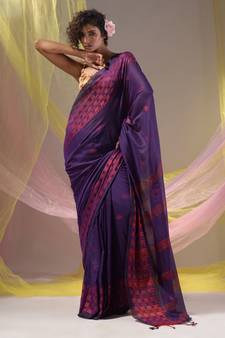 Purple Cotton Handspun Soft Saree With Geometric Border
