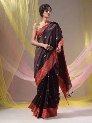 Brown Cotton Handspun Soft Saree With Nakshi Border And Contrast With Red Pallu 1