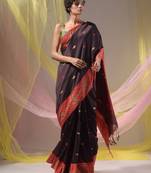 Brown Cotton Handspun Soft Saree With Nakshi Border And Contrast With Red Pallu