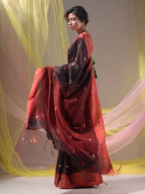 Brown Cotton Handspun Soft Saree With Nakshi Border And Contrast With Red Pallu 4