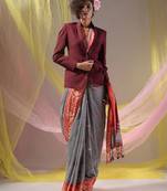 Grey Cotton Handspun Soft Saree With Nakshi Border And Contrast With Red Pallu