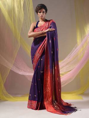 Purple Cotton Handspun Soft Saree With Nakshi Border And Contrast With Red Pallu 1