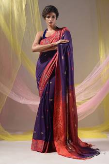 Purple Cotton Handspun Soft Saree With Nakshi Border And Contrast With Red Pallu