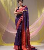 Purple Cotton Handspun Soft Saree With Nakshi Border And Contrast With Red Pallu