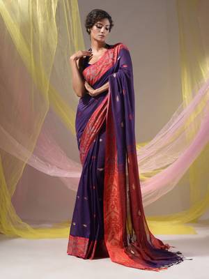 Purple Cotton Handspun Soft Saree With Nakshi Border And Contrast With Red Pallu 2