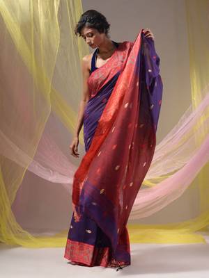 Purple Cotton Handspun Soft Saree With Nakshi Border And Contrast With Red Pallu 3